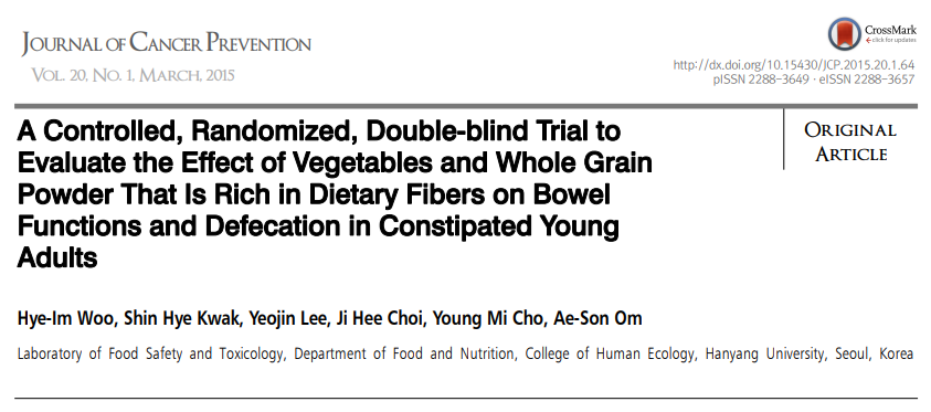 A Controlled, Randomized, Double-blind Trial to Evaluate the Effect of Vegetables and Whole Grain Powder That Is Rich in Dietary Fibers on Bowel Functions and Defecation in Constipated Young Adults